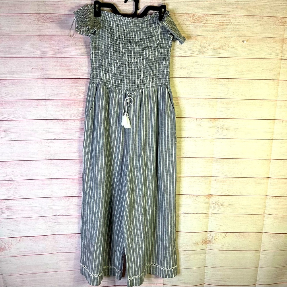 1. State Linen Blend Striped Off The‎ Shoulder Jumpsuit Size Medium